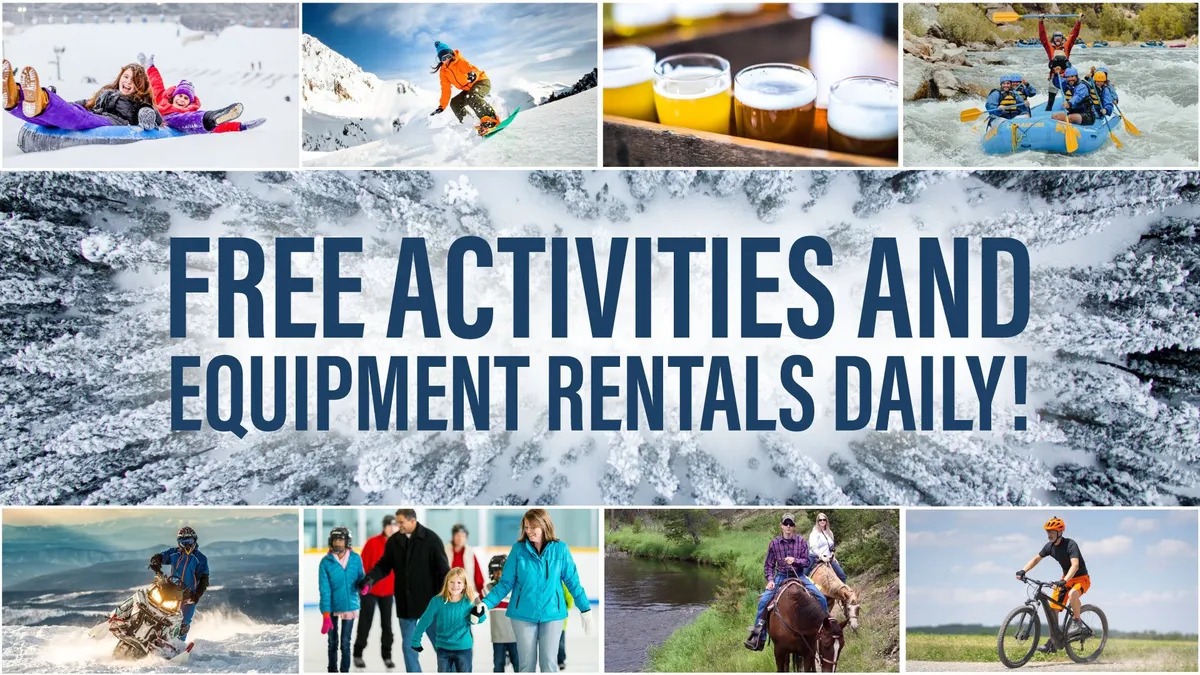 A vibrant outdoor scene capturing people participating in various adventure activities across all seasons. The image features winter sports enthusiasts skiing and snowboarding, families enjoying outdoor dining, and groups biking and rafting amid scenic mountain vistas.