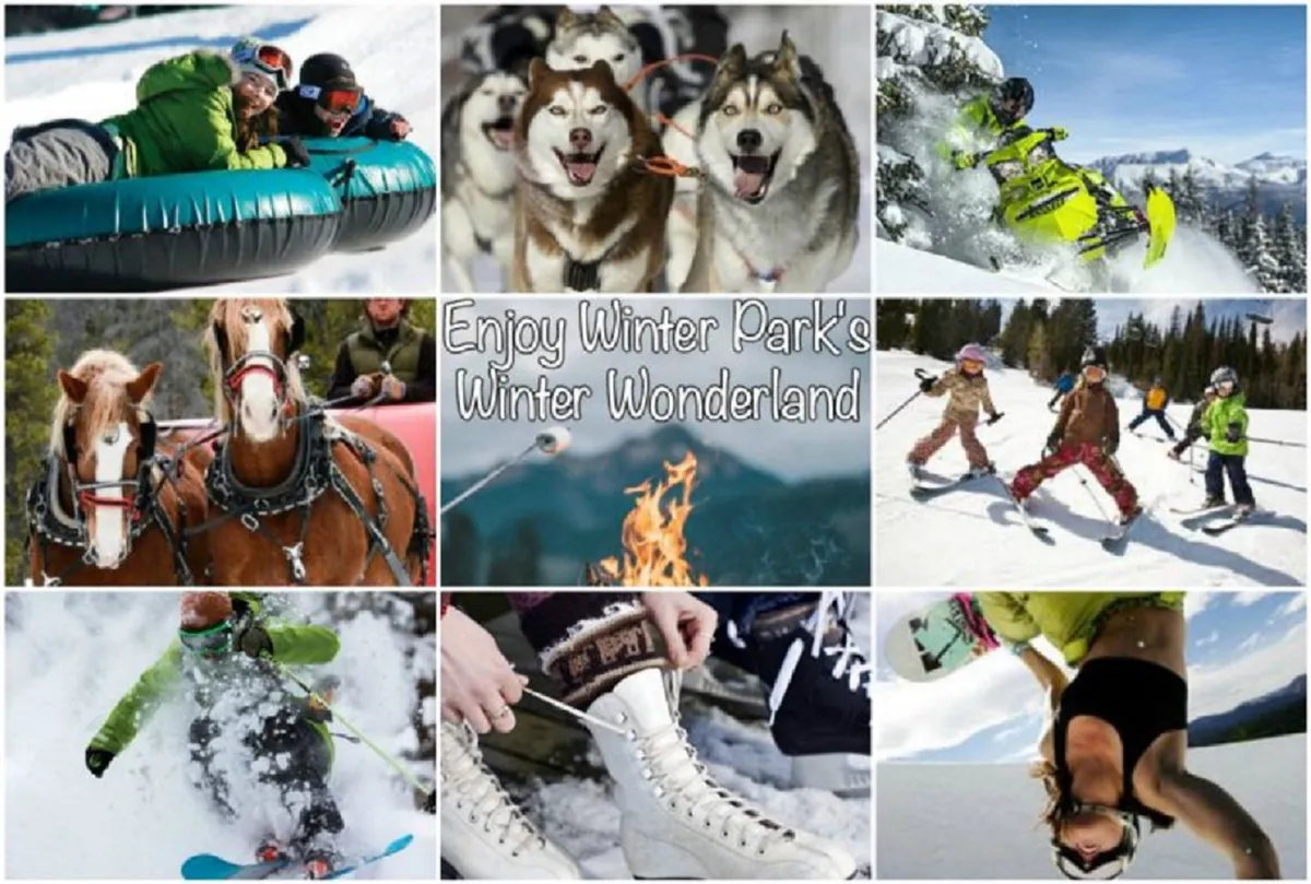 A vibrant collage of winter activities, including people tubing, dog sledding, snowmobiling, sleigh rides, skiing, and ice skating. The scene captures the excitement and diversity of outdoor adventures available in the area, with joyful groups and families enjoying the snow and fire pit.